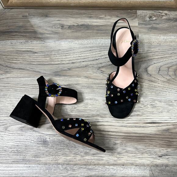J. Crew Embellished Penny Heeled Sandals Black Suede sz 10 - Picture 2 of 9